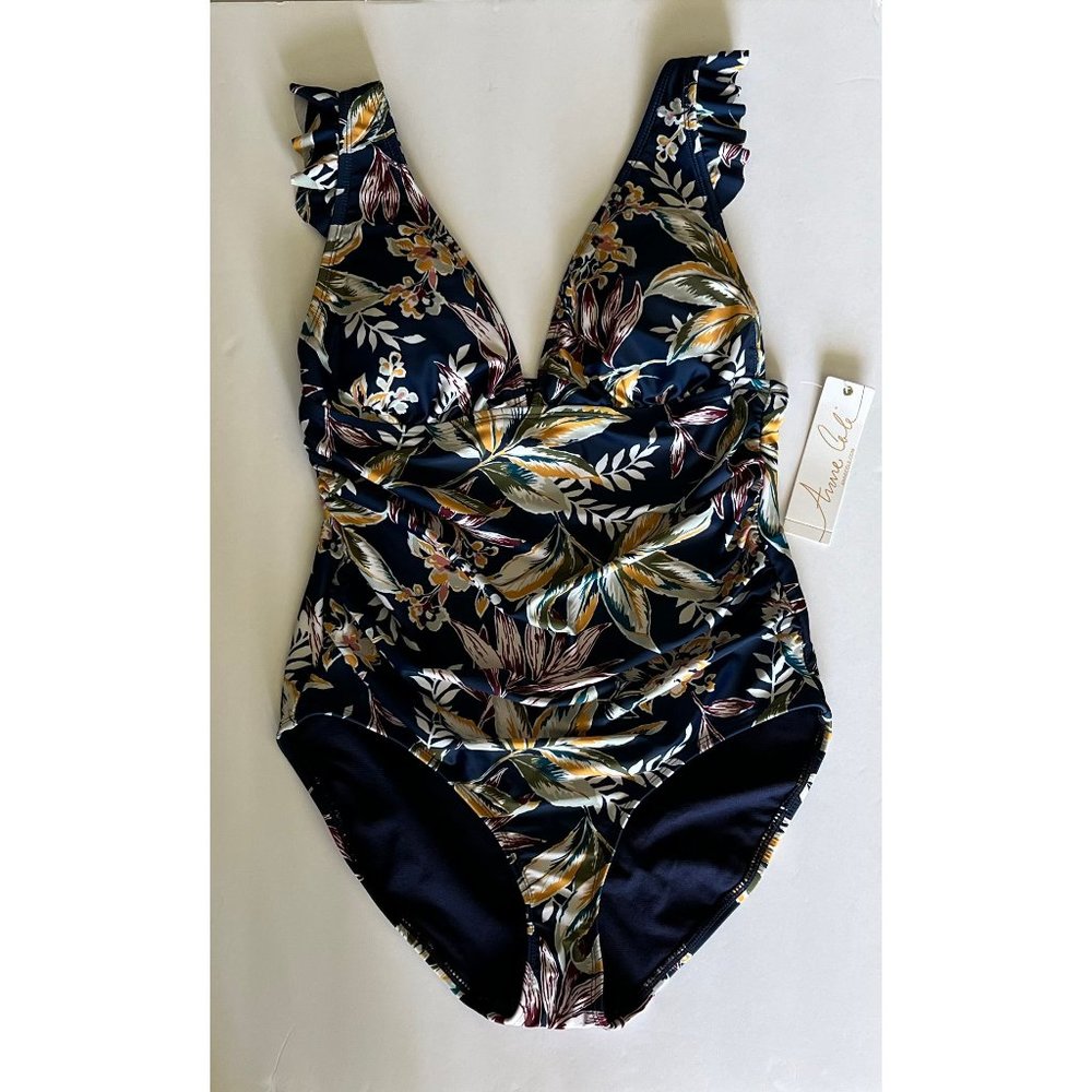 Anne Cole Ruched Powermesh One Piece Swimsuit Navy Floral Size 8